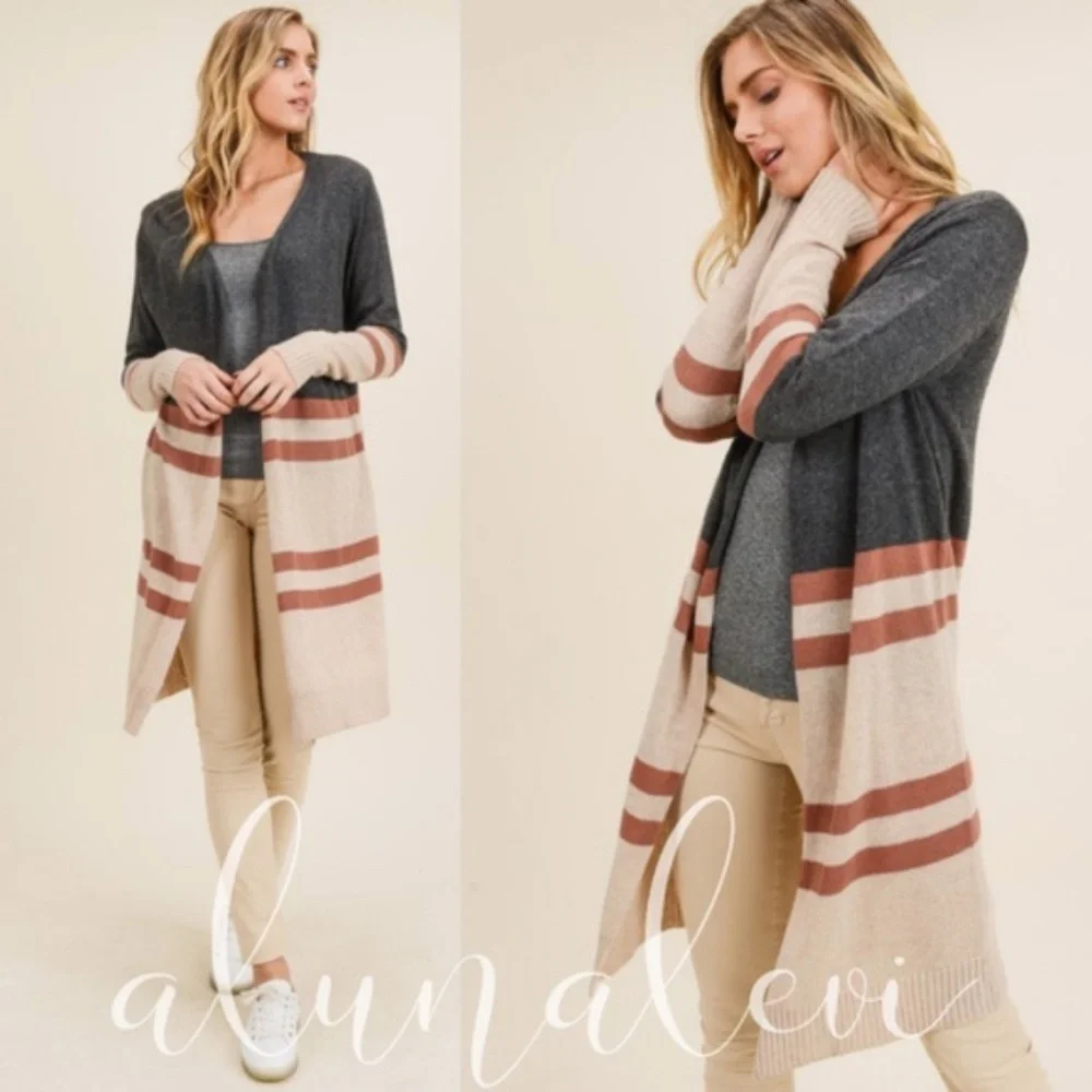 Charcoal Color block cashmere blend long cardigan Work Office - Picture 4 of 5